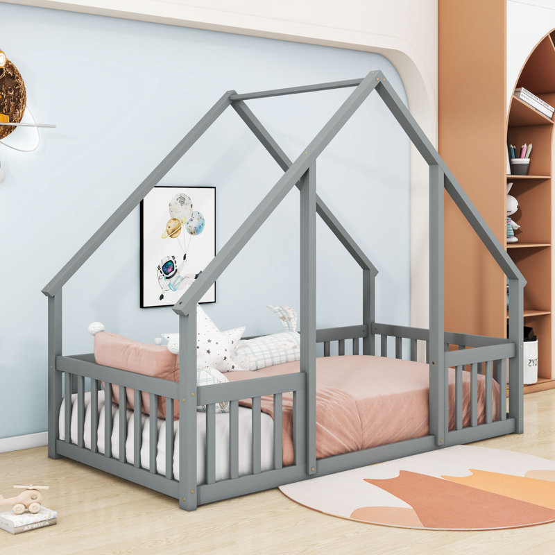 Wood House-Shaped Floor Bed With Guardrails, Gray, Twin