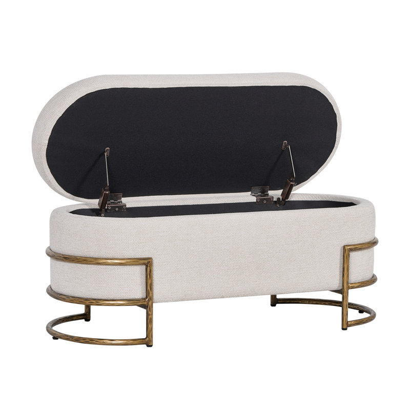Banc de rangement ovale capitonné à couvercle rabattable avec pattes en métal, Beige