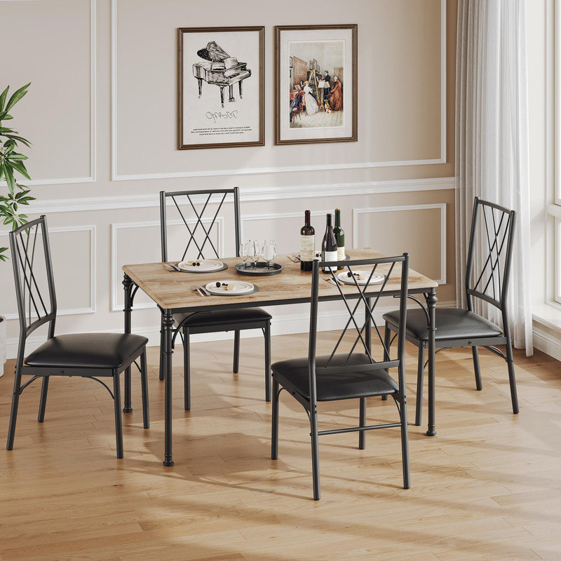 5-Piece Rustic Kitchen Table Set for 4, Compact Dining Table with Upholstered Chairs for Small Apartments & Studios, Yellow