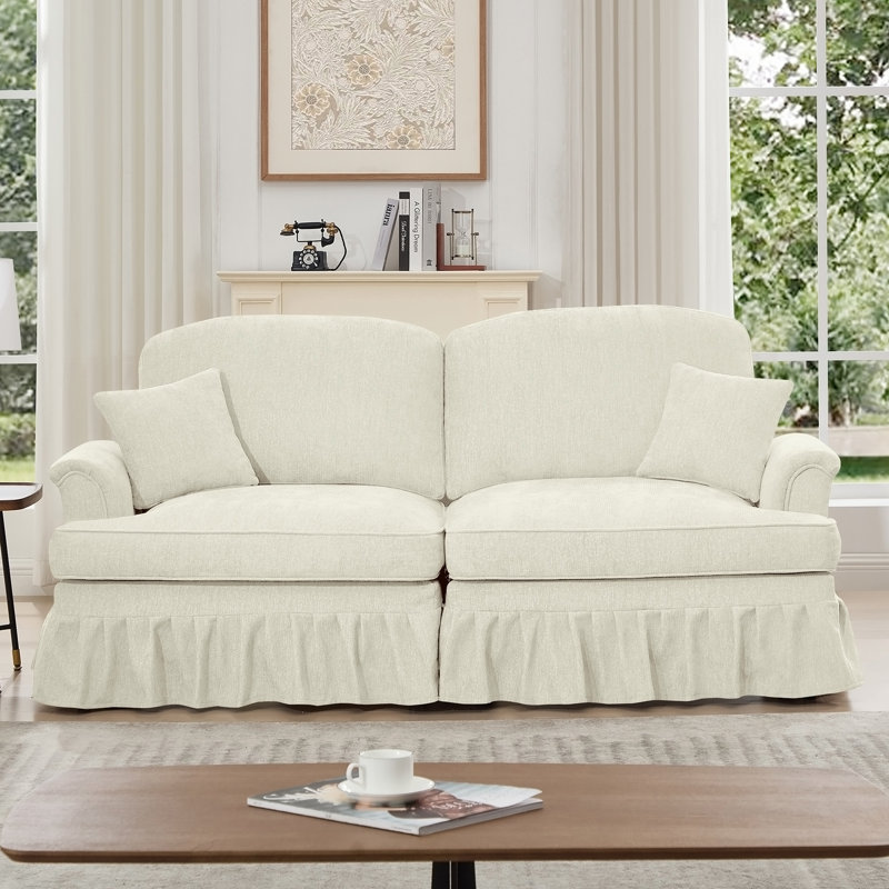Elegant Mid Century Oversized Two Seater Sofa Couch with Flared Arms, Removable Skirts and Spindle Legs, Ideal for Living Room Comfort