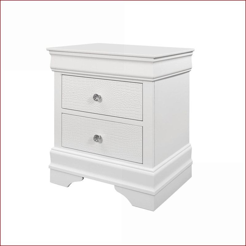 Table de chevet contemporaine blanche métallique avec quincaillerie en cristal, Blanc