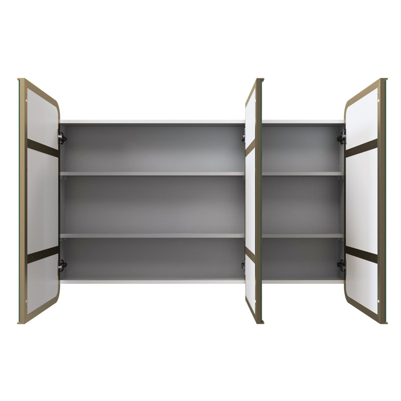 Three Door Steel Frame Square Shape Medicine Cabinet, Satin Brass