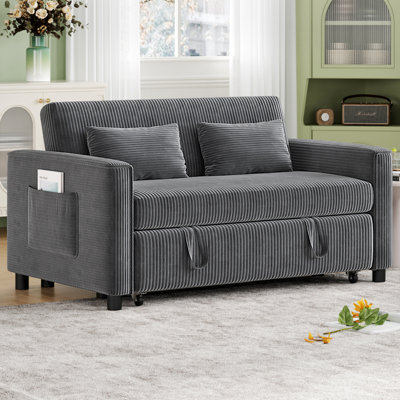 Corduroy Convertible Sofa Bed, Multifunctional Pull-Out Sleeper Couch with Side Pocket for Living Room & Guest Room(Grey)
