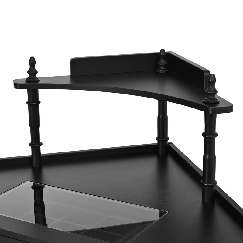 Meuble-lavabo de coin avec station de charge, plateau de table en verre, armoire amovible et rangement pour tabouret de maquillage noir, coussin de table