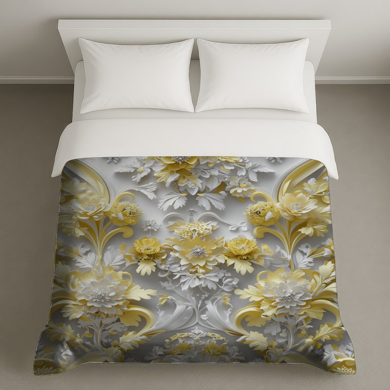 Housses de couette à motif floral jaune complexe, Très grand lit