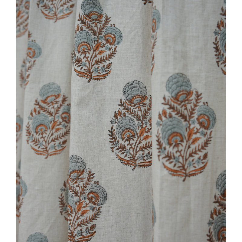 Handmade Linen Pleated Curtains – Gray Brown Floral Block Print Drapes for Living Room, 27" W X 144" L