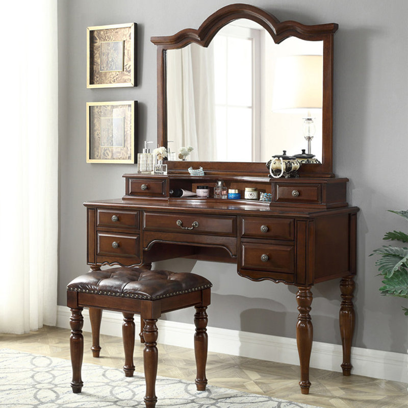 Coiffeuse de rangement de 39,37 po de style américain en bois massif brun avec miroir