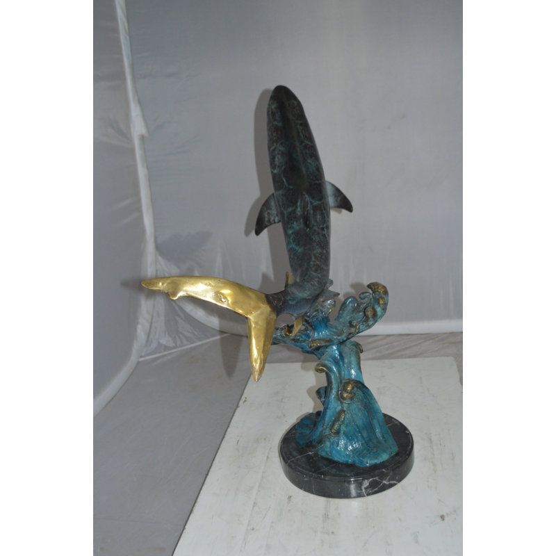 Shark Jumping off the water Bronze Statue -  Size: 14"L x 24"W x 28"H.