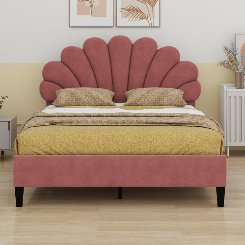 Lit plateforme tapissier avec tête de lit à motif floral, Pâte de haricots rouge, Grand lit