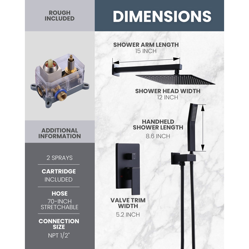 12 In. Wall Mount Shower System Shower Head And Handheld Shower With 1.8 GPM Rough-In Valve Included, Matte Black