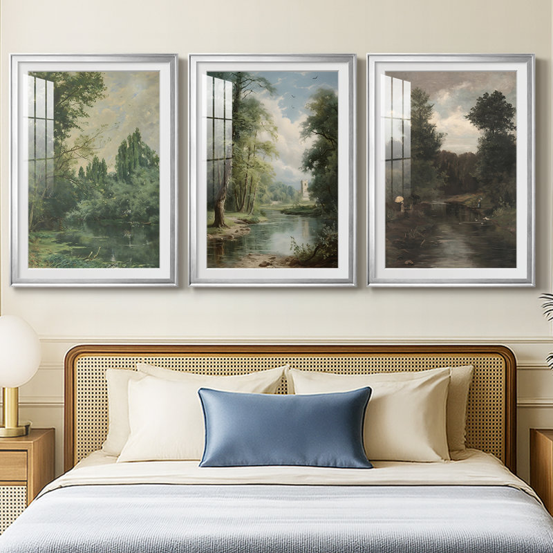 Paysage rétro CXCVII - impression encadrée sur mesure de qualité supérieure - 3 pièces, Argent argent, H 27 po x l 39 po