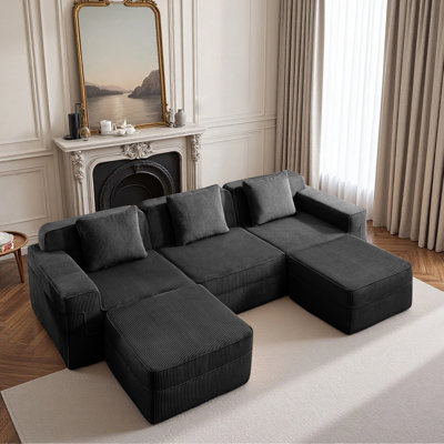 Canapé modulaire modulaire à 3 places en forme de U sans os, canapé modulaire Cloud avec assise profonde, canapé modulaire moderne à 3 places avec repose-pieds mobile à 2 places, tissu en velours côtelé