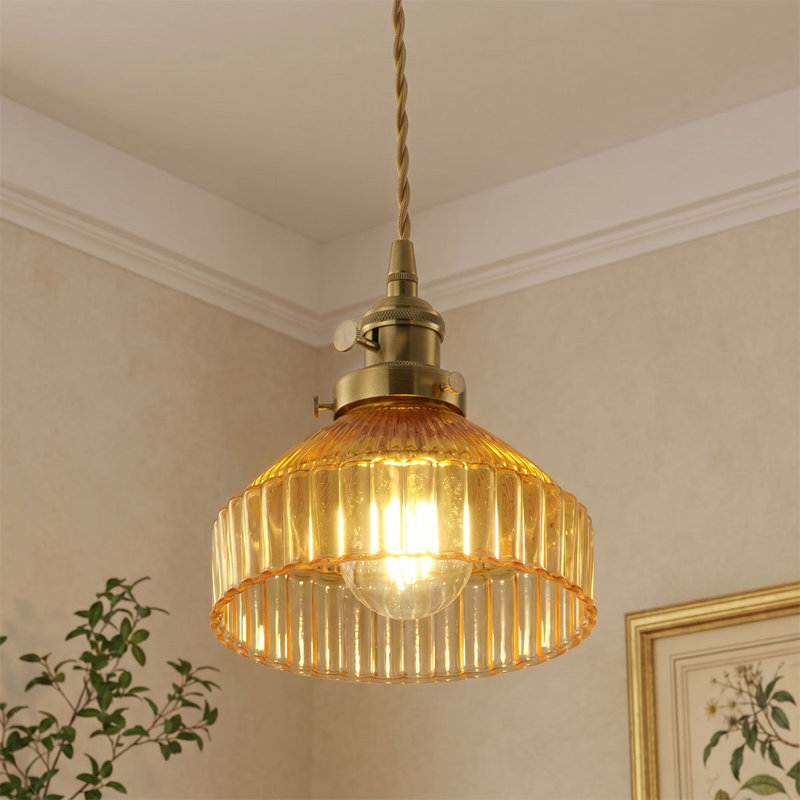 Modern Polished Brass 1-Light Pendant Light with Amber Glass Shade, Adjustable 59.06" Chain