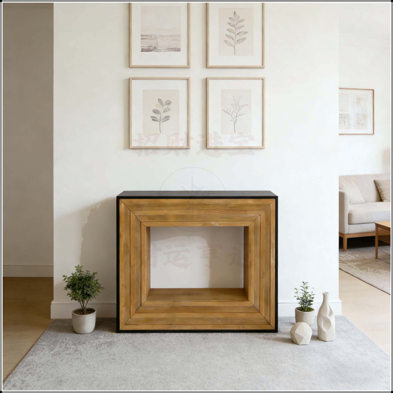 Console moderne à contraste moderne avec structure en bois stratifié et plateau noir, parfaite pour un décor élégant et fonctionnel.