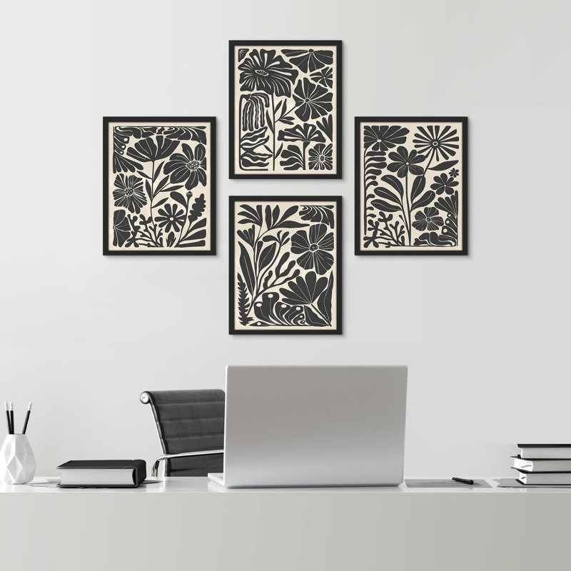 Silhouette moderne botanique noire et blanche - ensemble de 4 reproductions de cadres photo simples, Noir, H 16 po x l 12 po