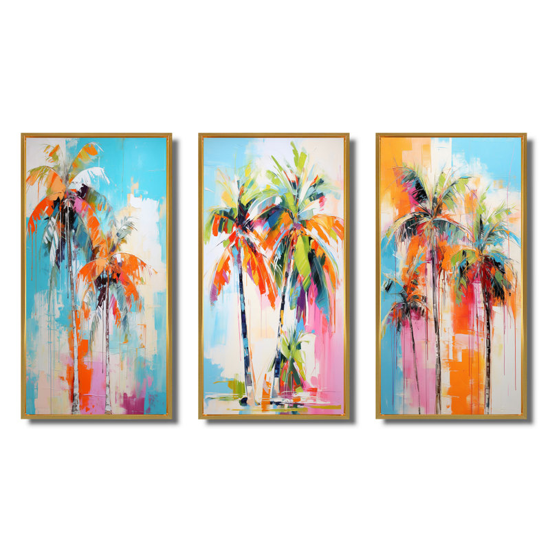 «Palm Trees Palm», 3 pièces sur toile, Cadre flottant doré, H 28 po x l 36 po