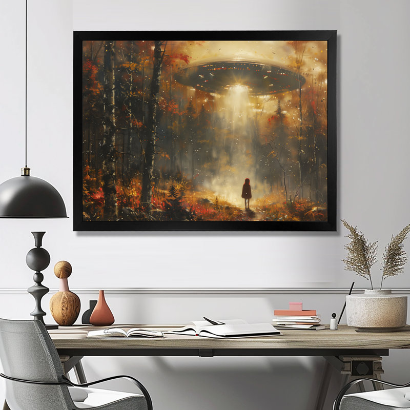 Rêve d'extraterrestres bruns gris et brun - OVNIS, art mural, H 12 po x l 20 po x P 1 po, Cadre simple noir, bois massif