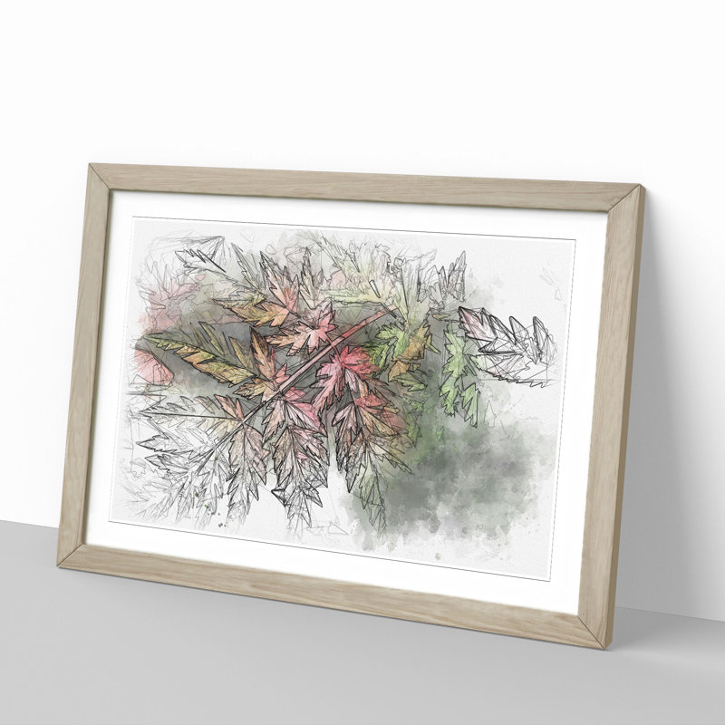 Fern Leaves Vol.2 Sketch - Picture Frame Graphic Art, Oak, 65cm H x 90cm W x 2cm D