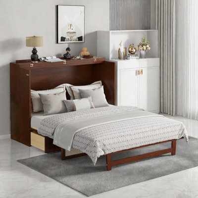 Lit escamotable avec décoration en rotin, tiroir de rangement et boutons ronds