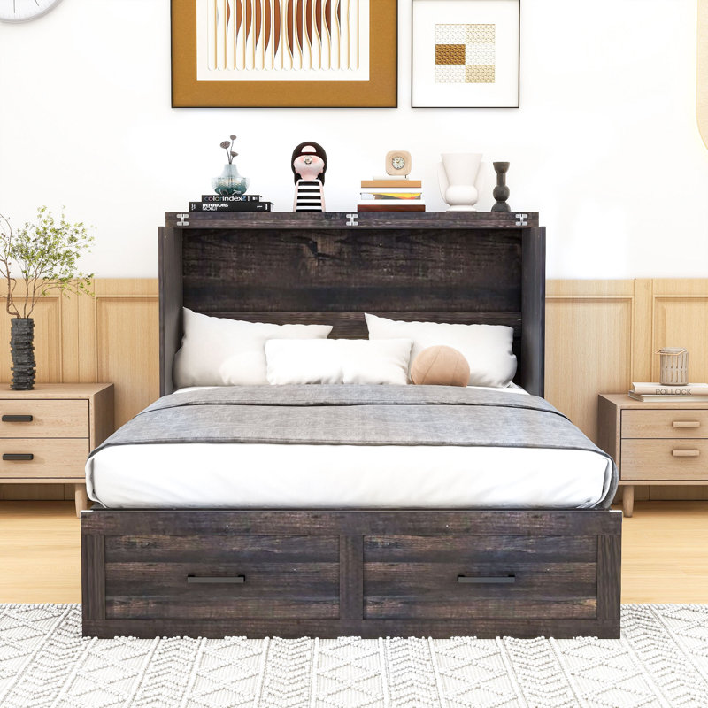  Lit escamotable en bois avec station de charge et ports USB, Rustic Grey, Full / Double