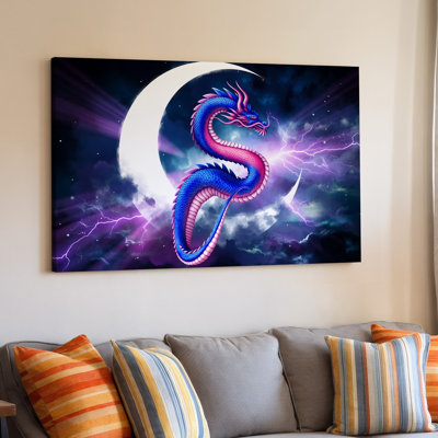 Toile, création d'une illustration numérique vibrante mettant en vedette un majestueux dragon, art mural avec un grand croissant de lune posé sur une toile