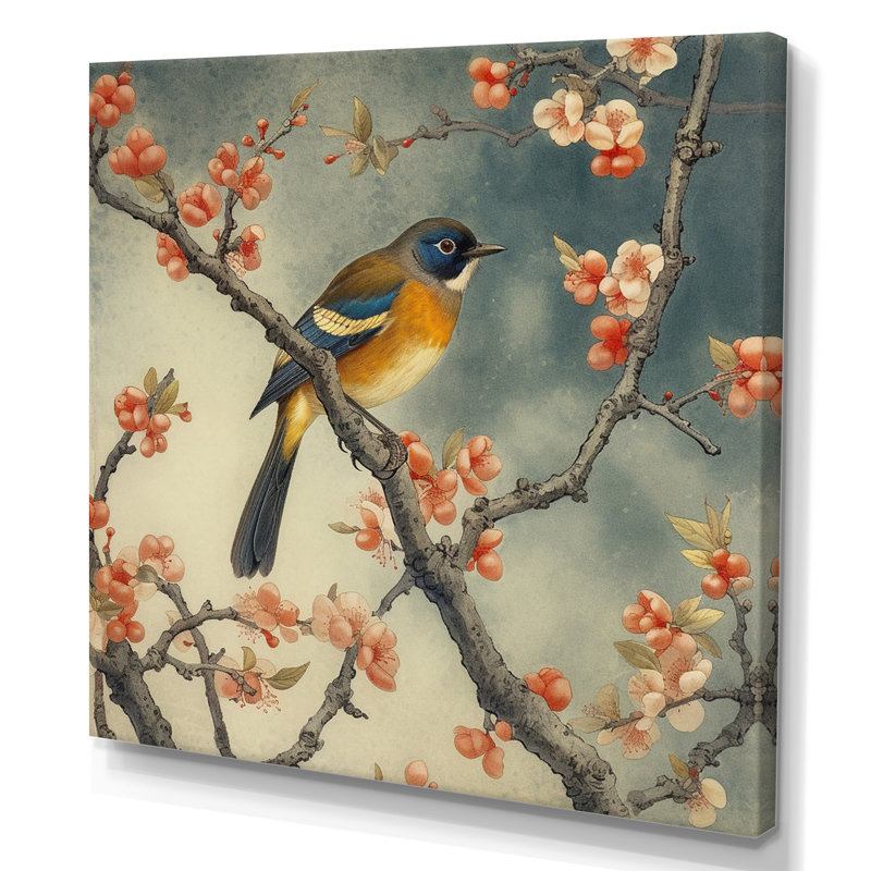Pinsons sur une fleur de pommier I, Toile tendue, H 36 po x l 36 po x P 1,5 po