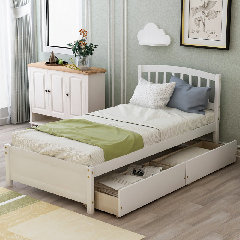 Lit simple moderne peu encombrant avec rangement, structure en bois massif pour la maison