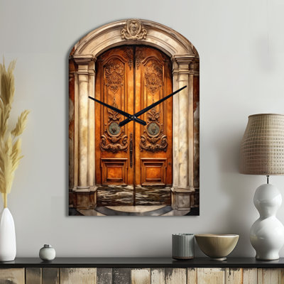 Old Wooden Door With Carvings in Paris, France III - Paris Asymmetrical Metal Wall Clock, Traditional Arch Wall Clock Print