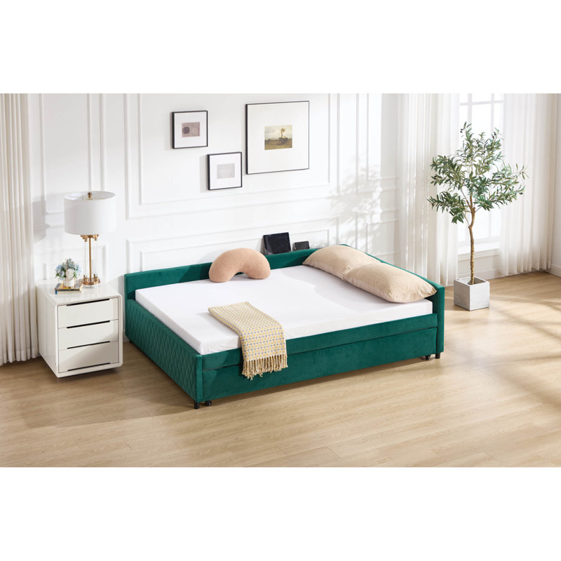 Lit de jour double avec couchette, cadre de lit rembourré avec ports USB / USB-C et rangement, motif à losanges, émeraude