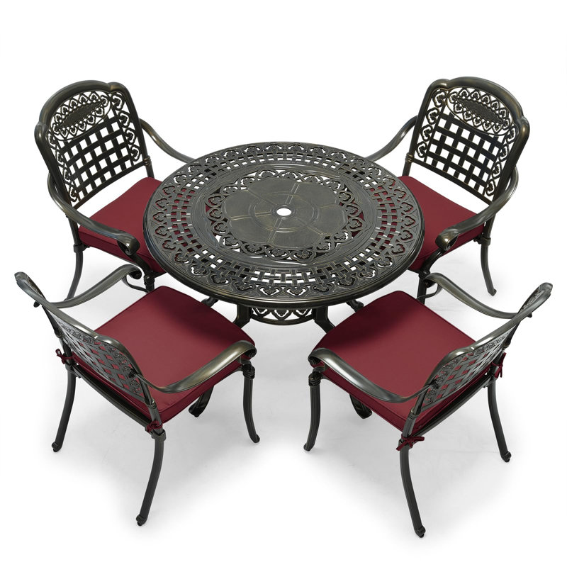 Newton Vivijason 5-Piece Patio Furniture Dining Set, All-Weather Cast Aluminum Outdoor Conversation Set, Include 4 Cushioned Chairs And 1 Round Table W/Umbrella Hole For Balcony, Lawn, Garden, Backyard