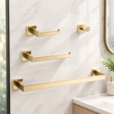 4-Piece Bathroom Hardware Set, Brushed Gold Stainless Steel, Wall Mounted