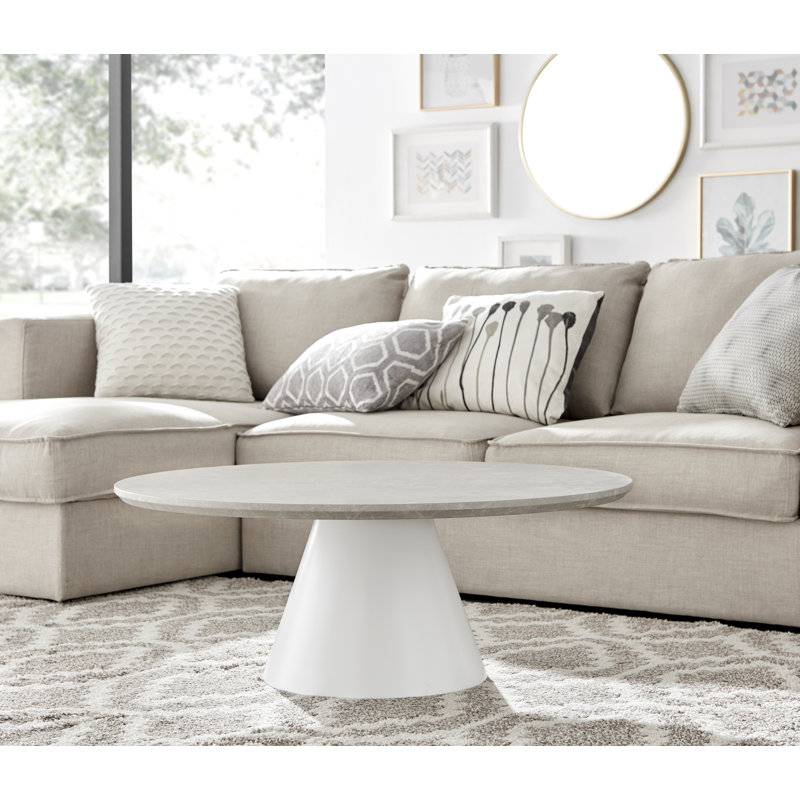 Palm Luxury Pedestal Round Coffee Table, Beige Stone Top/White Base