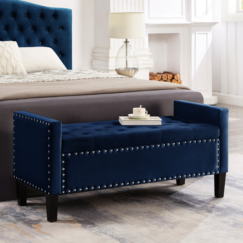 Modern Storage Bench - Navy Velvet Fashionable Upholstered Armrest Luxury, Navy