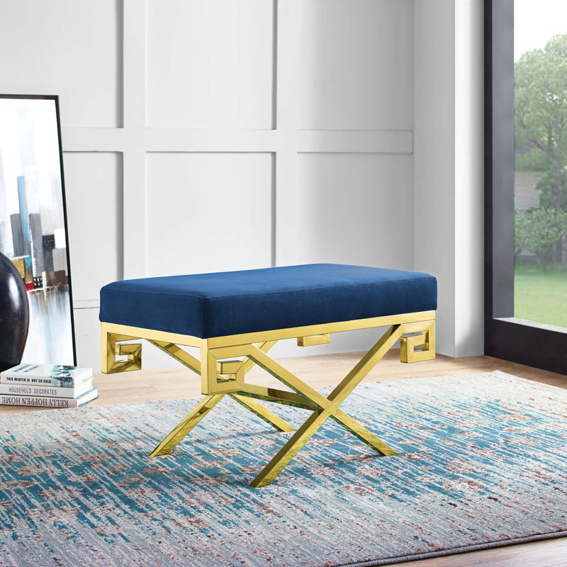 Navy Blue Velvet Bench with Gold Stainless Steel Base