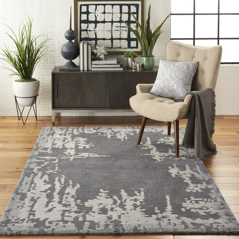 Tapis gris abstrait en polyester touffeté à la main, Rectangle 3 pi 9 po x 5 pi 9 po
