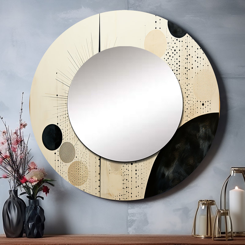 «Saydie Beige Black Mid Century Minimalist Oasis» - miroir minimaliste, miroir mural rond unique moderne, impression d'art en métal