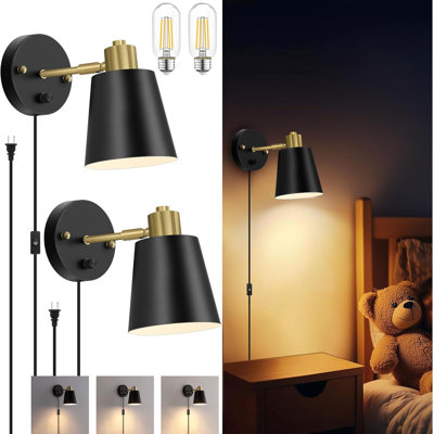 Dimmable Plug-In Wall Sconces Set Of 2, Adjustable Angle Wall Mounted Lamps With Dimmer Switch, Includes 2 Dimmable LED Bulbs For Bedroom, Living Room, And Office