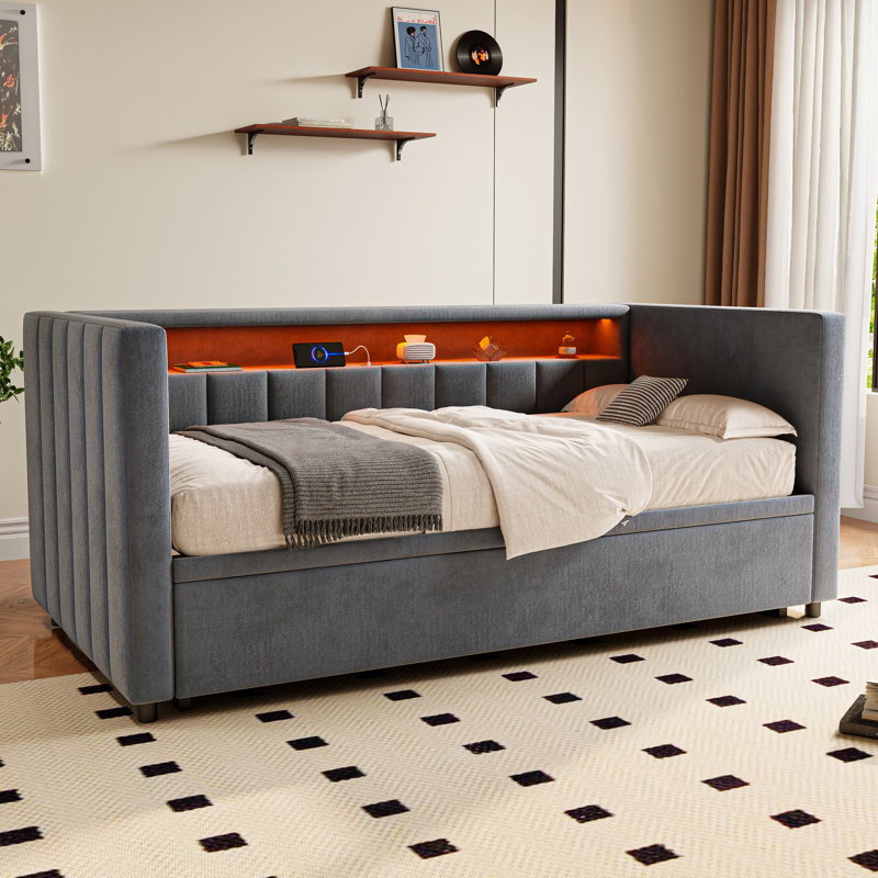 Upholstered Daybed with Trundle, Dark Gray