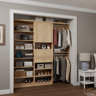 Natural Oak 58.5" Floor-Mounted Single Wall Closet System with 3 Sections, Shaker Doors, 2 Clothing Rods, 14 Shelves & 2 Shaker Drawers