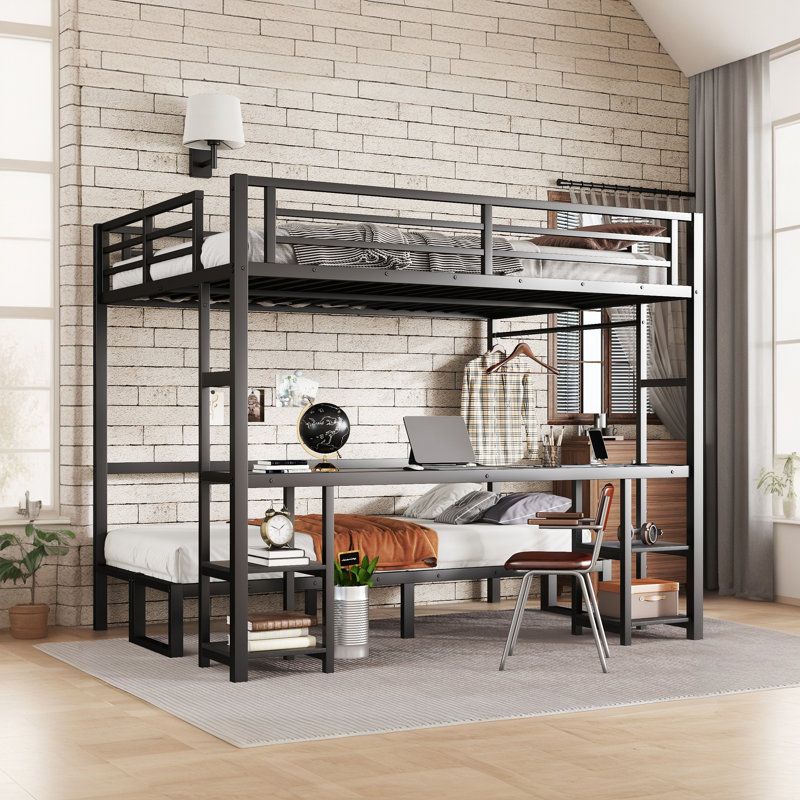 Queen Over Twin Xl Metal Bunk Bed/Loft Bed With Desk, Bookshelves, Lower Bed Flips And Folds Into Sofa, Led And Usb