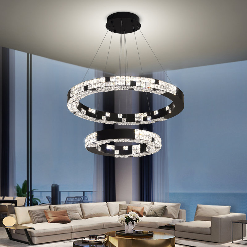 Lustre en cristal noir moderne à 2 anneaux pour salle à manger à intensité variable 2700k-6000k