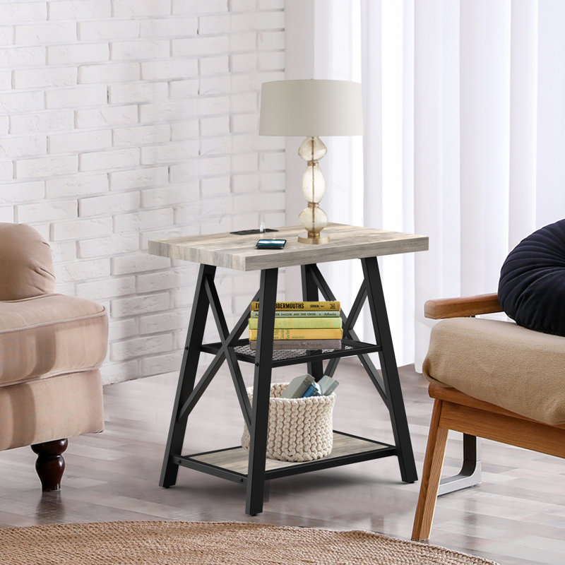 Stokesvale Tall End Table Nightstand with 2 USB Ports, 2 Power Outlets, and 2 Storage Shelves, Wash Gray
