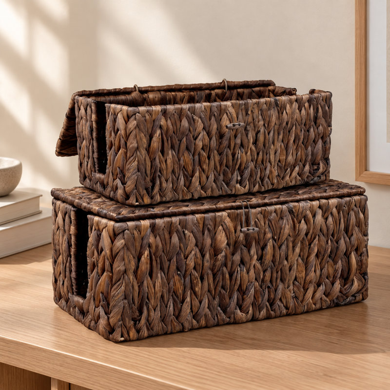 2 Pack Hand-Woven Cable Management Box, Brown