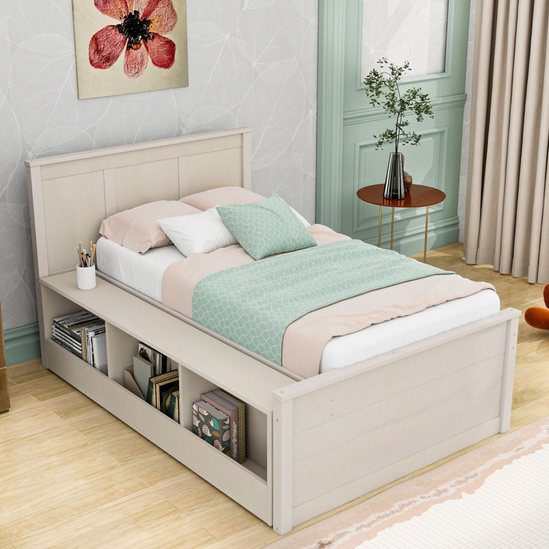 Lit plateforme en bois avec tablettes, lit gigogne et tête de lit, Lit simple, Blanc, crème