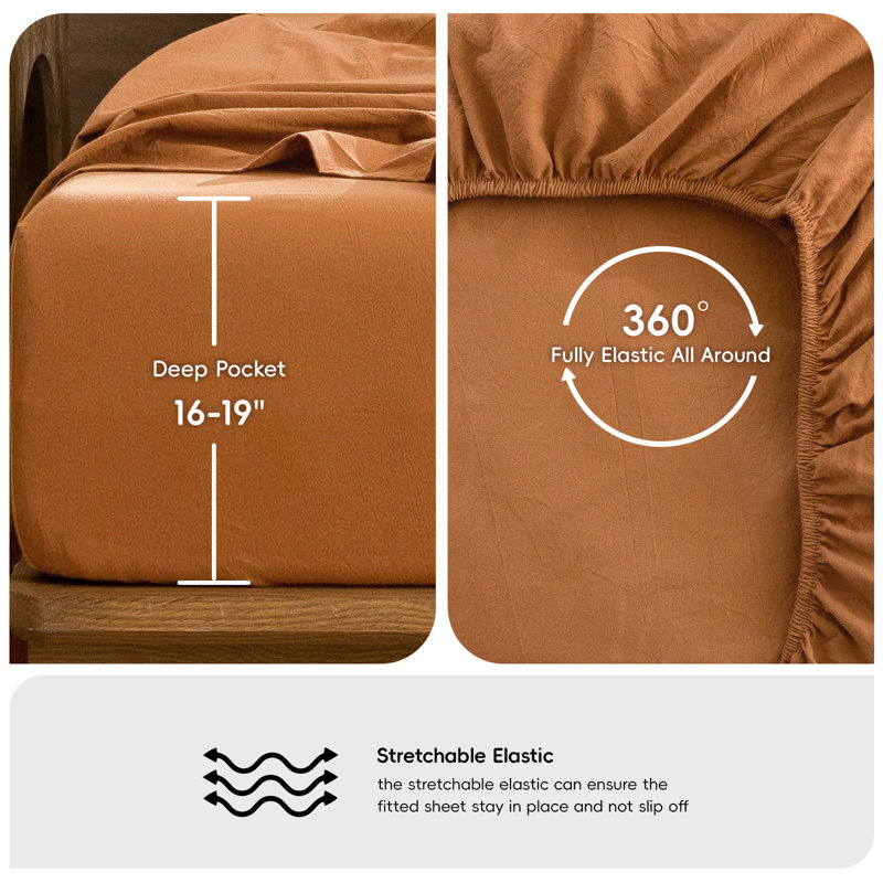 MooMee Sheet Set Extra Deep Pocket 100% Washed Cotton Linen Like Textured Lightweight Breathable, Burnt Orange