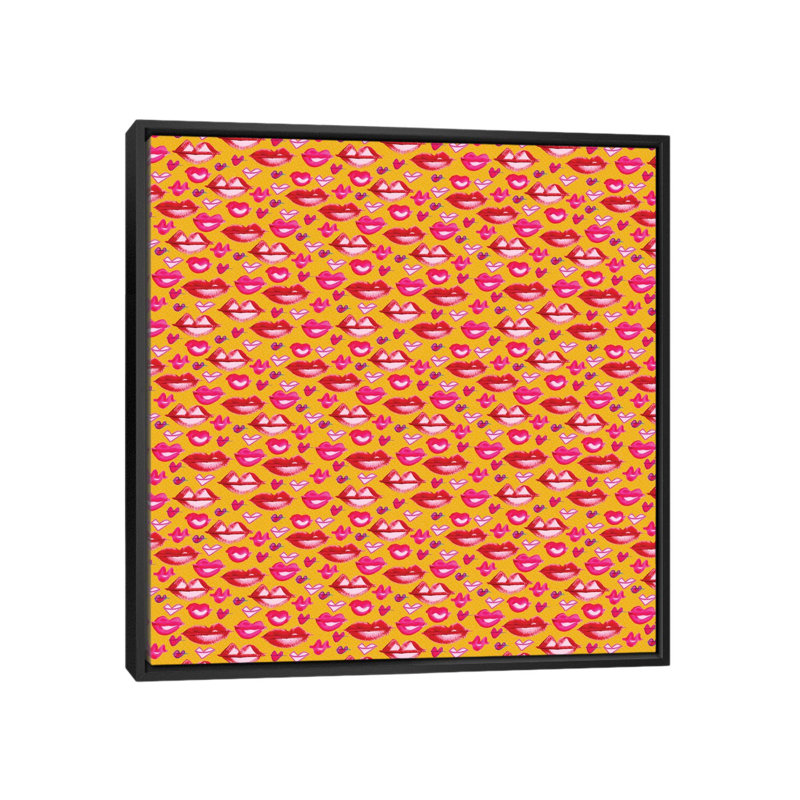 « lèvres pattern », impression sur toile, H 26 po x l 26 po x P 1,5 po, Toile avec cadre noir, Pas de tapis