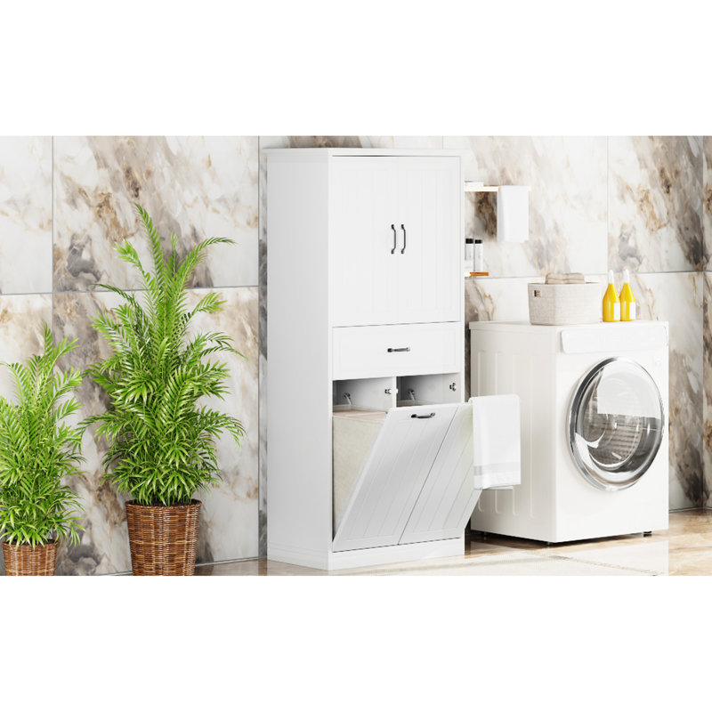 White Bathroom Cabinet With Two Laundry . , Painted Surface. Adjustable Shelf For Organized And Hygienic Storage. Doors & Drawer A Clean Tidy Material, Painted. Space. Area