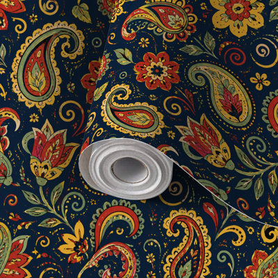 Papier peint auto-adhésif à motif cachemire coloré floral rouge jaune vert foncé auto-adhésif et amovible 17,7 po x 118 po (45 x 300 cm)