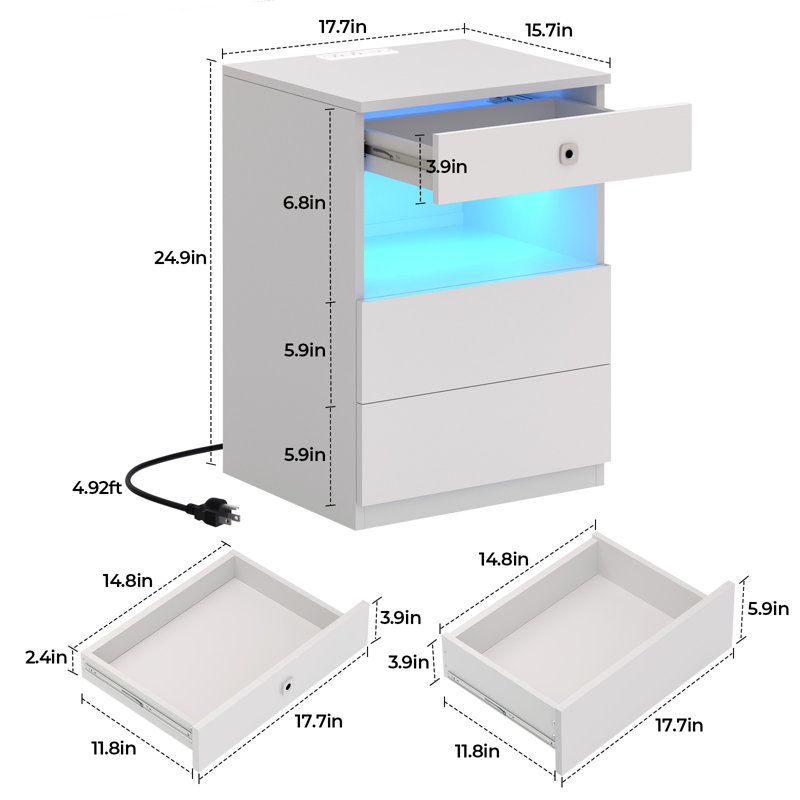 Nightstand With LED Lights & Power Outlet & Fingerprint Lock, White