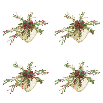 Christmas Beaded Decorative Napkin Rings Set of 4 - Multicolor Holiday Floral Napkin Holders